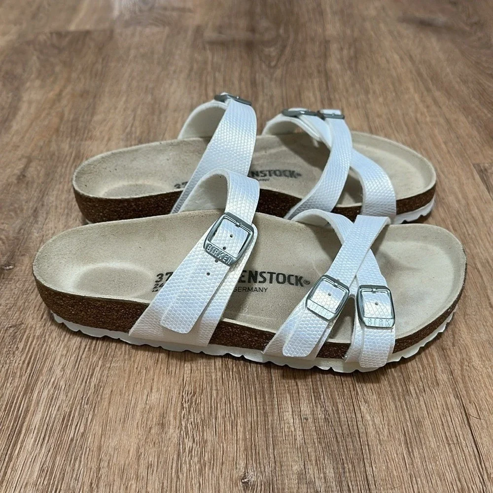 BIRKENSTOCK | Franca Iridescent White Snake Python Embossed Sandals, EU 37